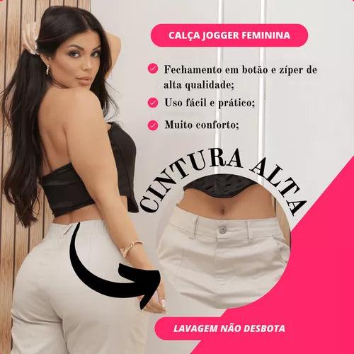 Calça Cargo Jogger Jeans Feminina Cintura Alta Com Lycra