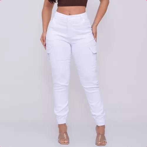 Calça Cargo Jogger Jeans Feminina Cintura Alta Com Lycra