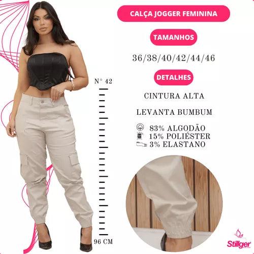 Calça Cargo Jogger Jeans Feminina Cintura Alta Com Lycra