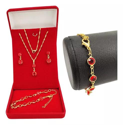 Colar Feminino + Pulseira + Brincos Banho De Ouro Presentes