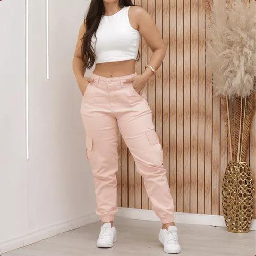 Calça Cargo Jogger Jeans Feminina Cintura Alta Com Lycra